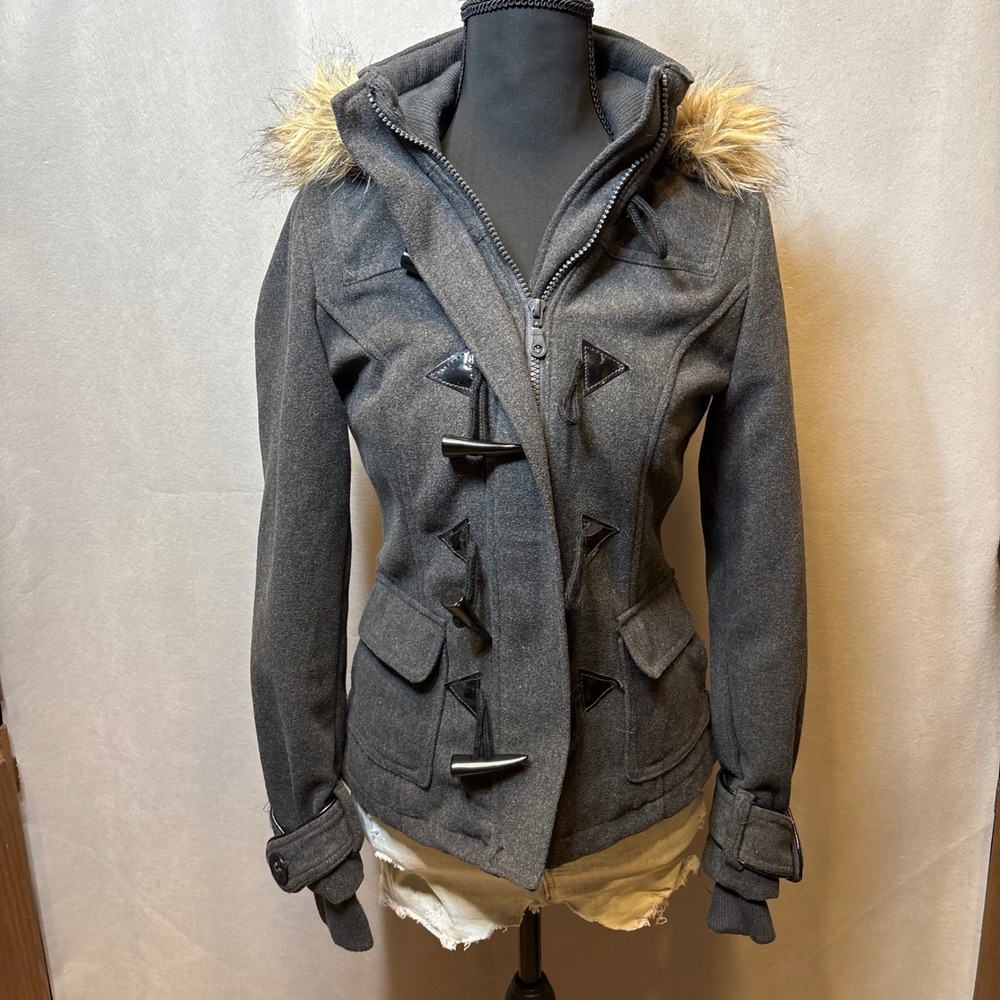 Full Tilt Womens XS Charcoal Gray Wool Blend Faux Fur Hooded Toggle Coat Jacket